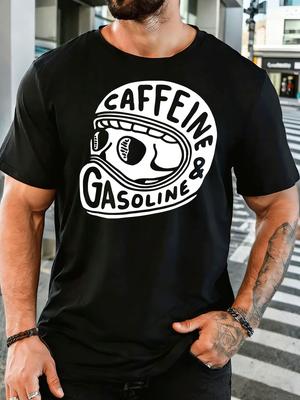 Caffeine And Gasoline Skull Helmet Unisexs Print T Shirt Retro Biker Text Graphic Tee Casual Short Sleeve Top Motorcycle Lover Gift