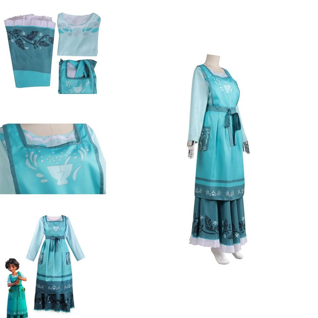 Encanto Julieta Madrigal Cosplay Dress Costume For Women Floral Print Round Neck Short Sleeve Midi Dress Full Suit Outfit