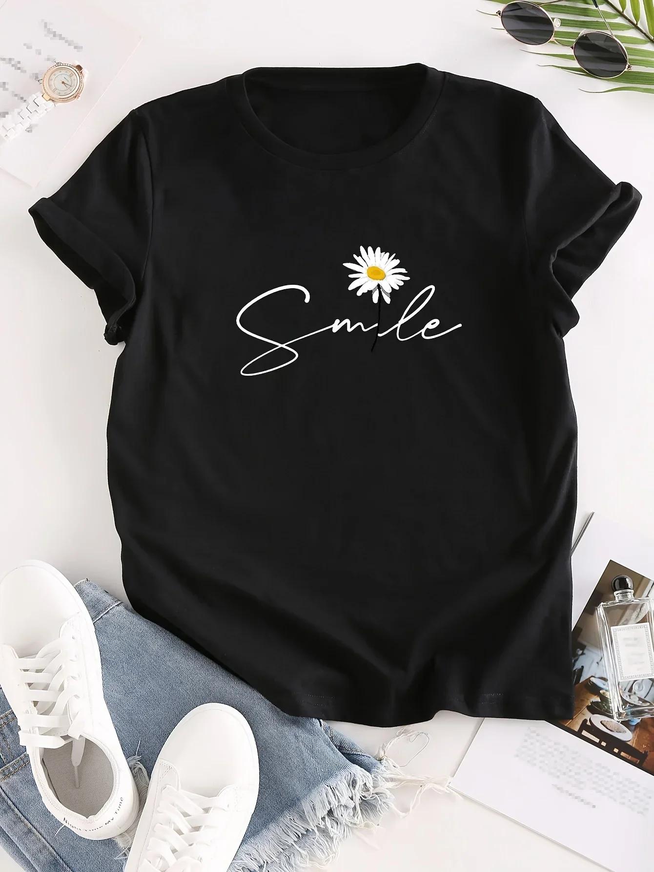 

Daisy Flower & Letter Print Crew Neck T-Shirt Casual Short Sleeve T-Shirt for Summer Women s Clothing Comfortable Creative Tops S