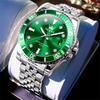OLEVS Men's Quartz Analog Watch Waterproof Silver Stainless Steel Band Green Large Dial Business Fashion Watch