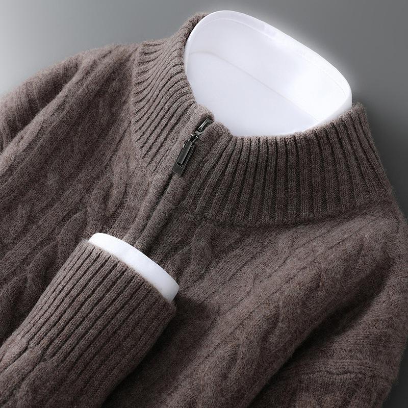 Herren Pullover 100% Reine Schurwolle mit halbem Reißverschluss und Zopfmuster - Pullover mit halbhohem Kragen