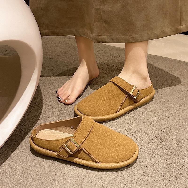 New Spring Baotou Slippers Round Toe Deep Mouth Versatile Matte Dependent Metal Buckle Soft Sole Slip-on Flat Shoes