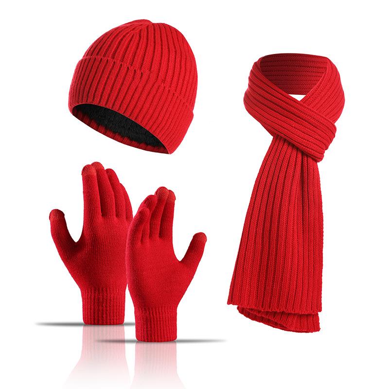 Unisex Custom Logo 3pcs Knitted Plain Polyester/Cotton Beanie Hat Scarf Gloves Set Long Warm Winter Clothing for Men Women