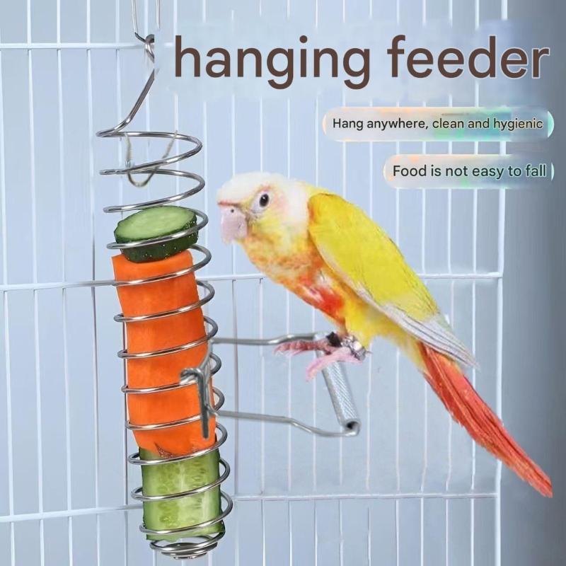 Stainless Steel Hanging Bird Feeder With Perch Stand For Parrots Cockatiels And Pet Bird Fruit Vegetable Treats Feeding