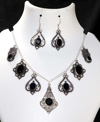Exclusive Cluster Black Onyx 925 Silver Plated Necklace Earrings Set 18|1.9" P2z94