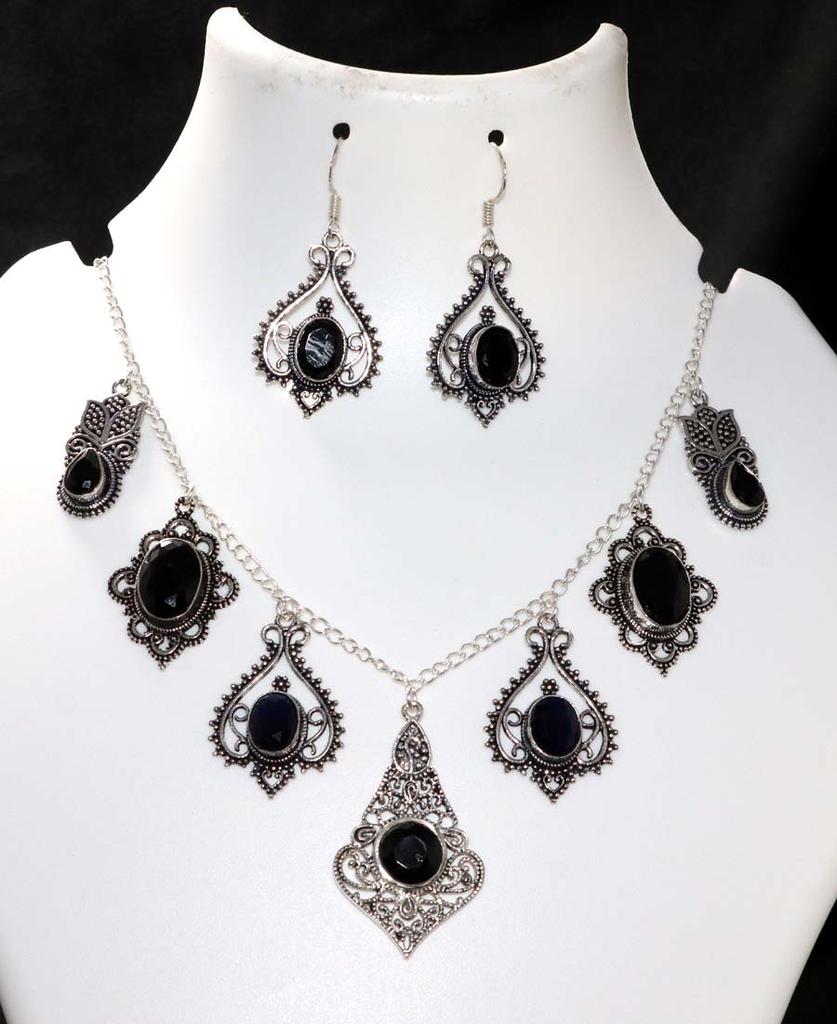 Exclusive Cluster Black Onyx 925 Silver Plated Necklace Earrings Set 18|1.9" p2z94