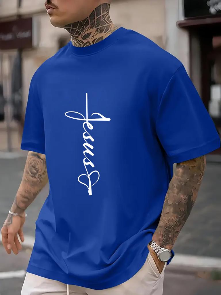 Unisex Jesus Cross Cursive Letter Graphic Crew Neck Short Sleeve Oversized Loose Casual Summer Streetwear Daily Basic Comfort Tee