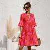 Women's Summer Mini Dress Puff Short Sleeve V Neck Pleated Dress Boho Printed A-Line Short Dress Beach Vacation Tiered Flowy Sundress