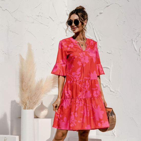 Women's Summer Mini Dress Puff Short Sleeve V Neck Pleated Dress Boho