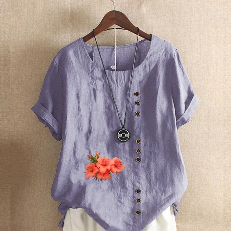 Women's Fashion Flowers Pattern Prined Short Sleeve T-shirt Loose Cotton Shirt Casual Loose Summer Blouse Tops Plus Size