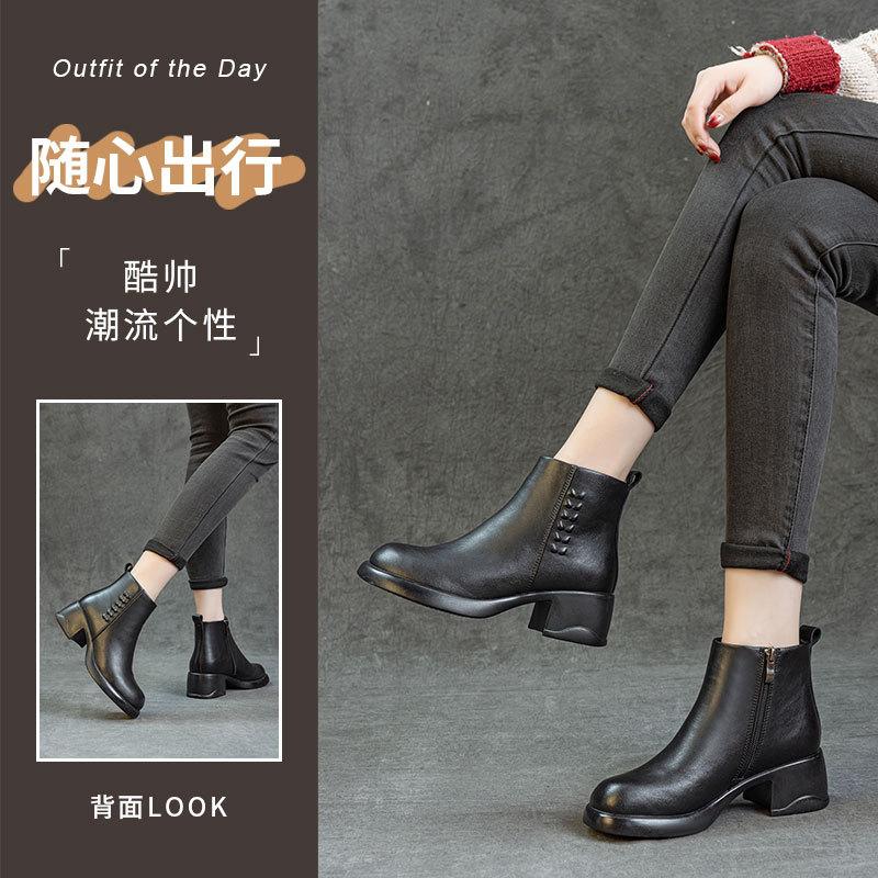 2025 new leather Martin boots women's British style versatile casual thin boots velvet Korean version short boots thickened boots