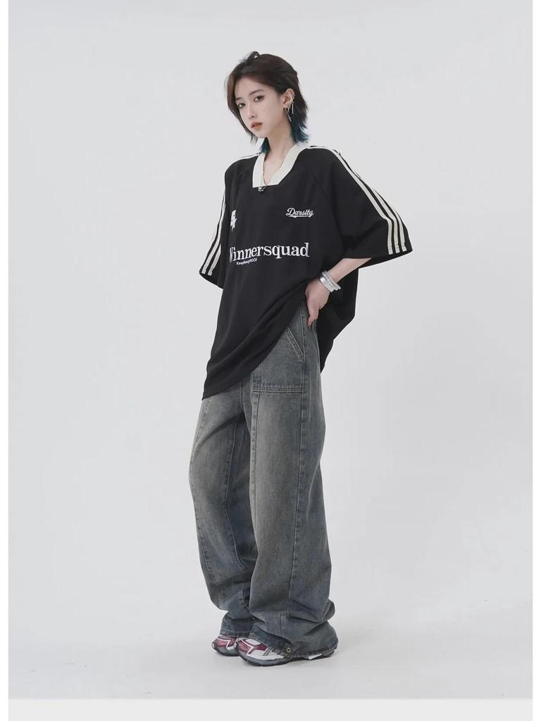 V-neck Oversized Hip-Hop Retro Embroidered Jersey T-shirt - Unisex Short Sleeve
