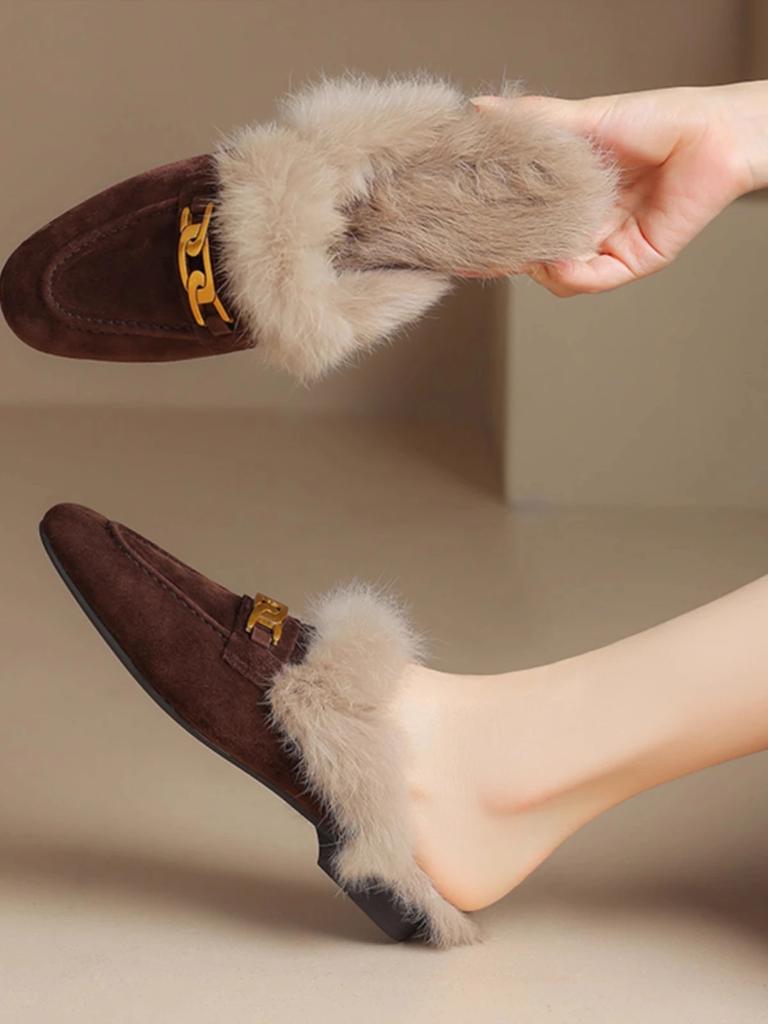 Damesko Vinter Dame Tøffel Luksus Slides Nitter Mules Sexy Loafers Lav Tådekkende 2024 Designer Flats Metallpynt