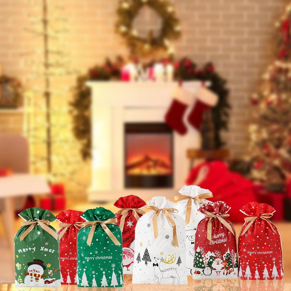 Bomvabe 20 Drawstring Gift Bags for Christmas Presents, Food Grade Christmas Treat Bags for Candies Cookies, Christmas Wrapping Bags Assorted Sizes