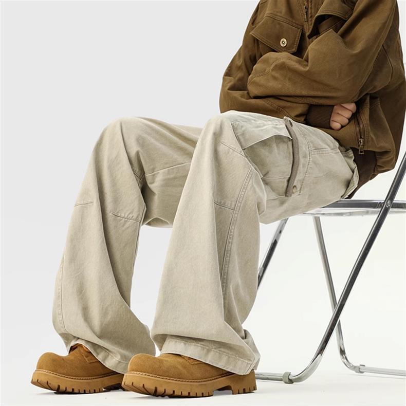 Khaki retro casual pants men's spring American high street big pocket tooling trousers loose versatile straight pants