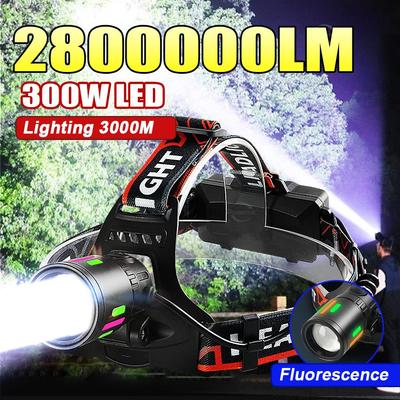 2800000LM Superheller LED-Scheinwerfer Leistungsstarker Scheinwerfer Wasserdichte Kopflaterne 300W Outdoor-Kopftaschenlampe Jagd-Wanderlaterne