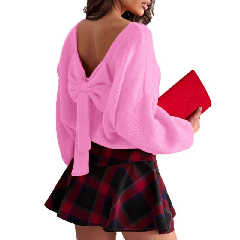 Womens Loose Long Sleeve Knit Sweater With Backless Bow Detail V-Neck Street Style 2025 Winter