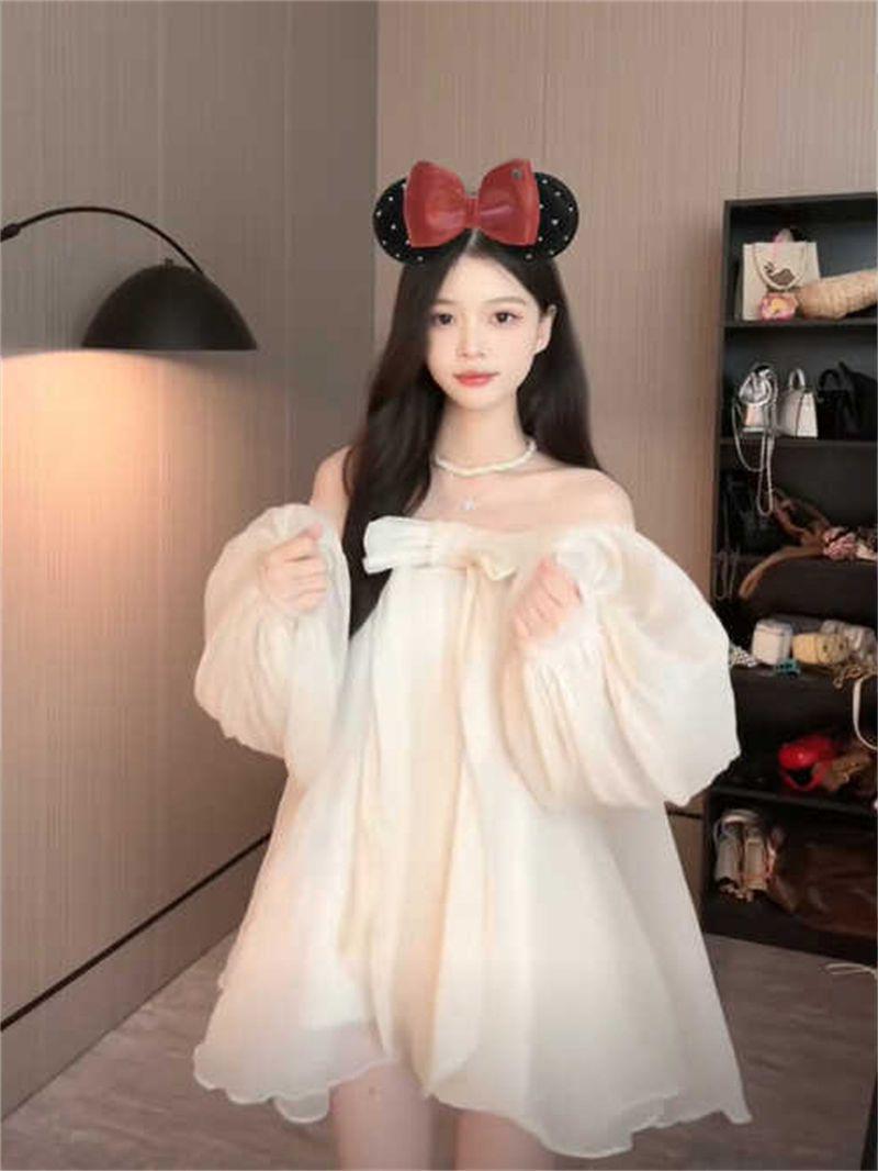 Women s Elegant Off-Shoulder French Bow Dress with Puff Sleeves in Mesh Medium