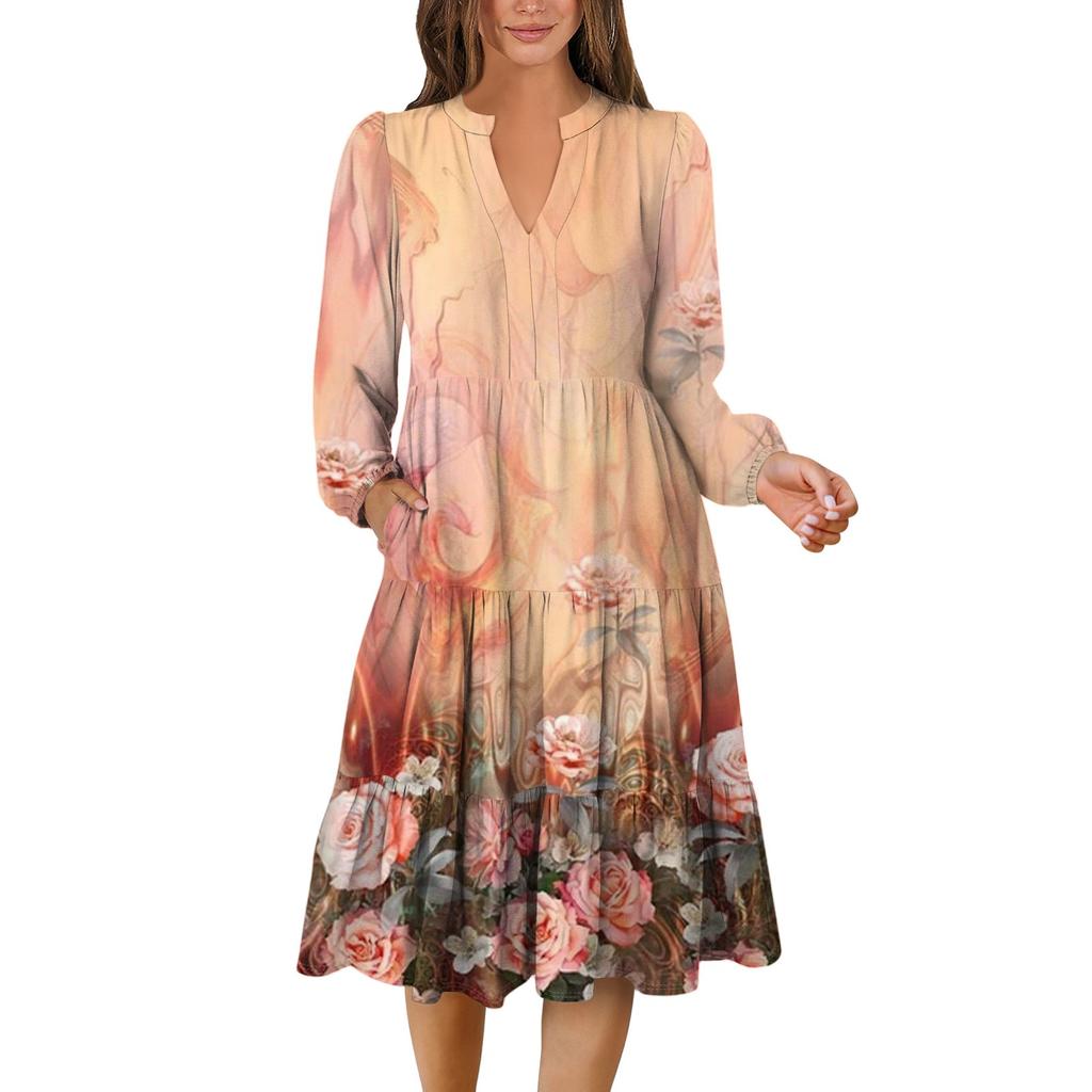 Women's V-Neck Flowing Layered Bohemian Long Sleeve Floral Print Dress
