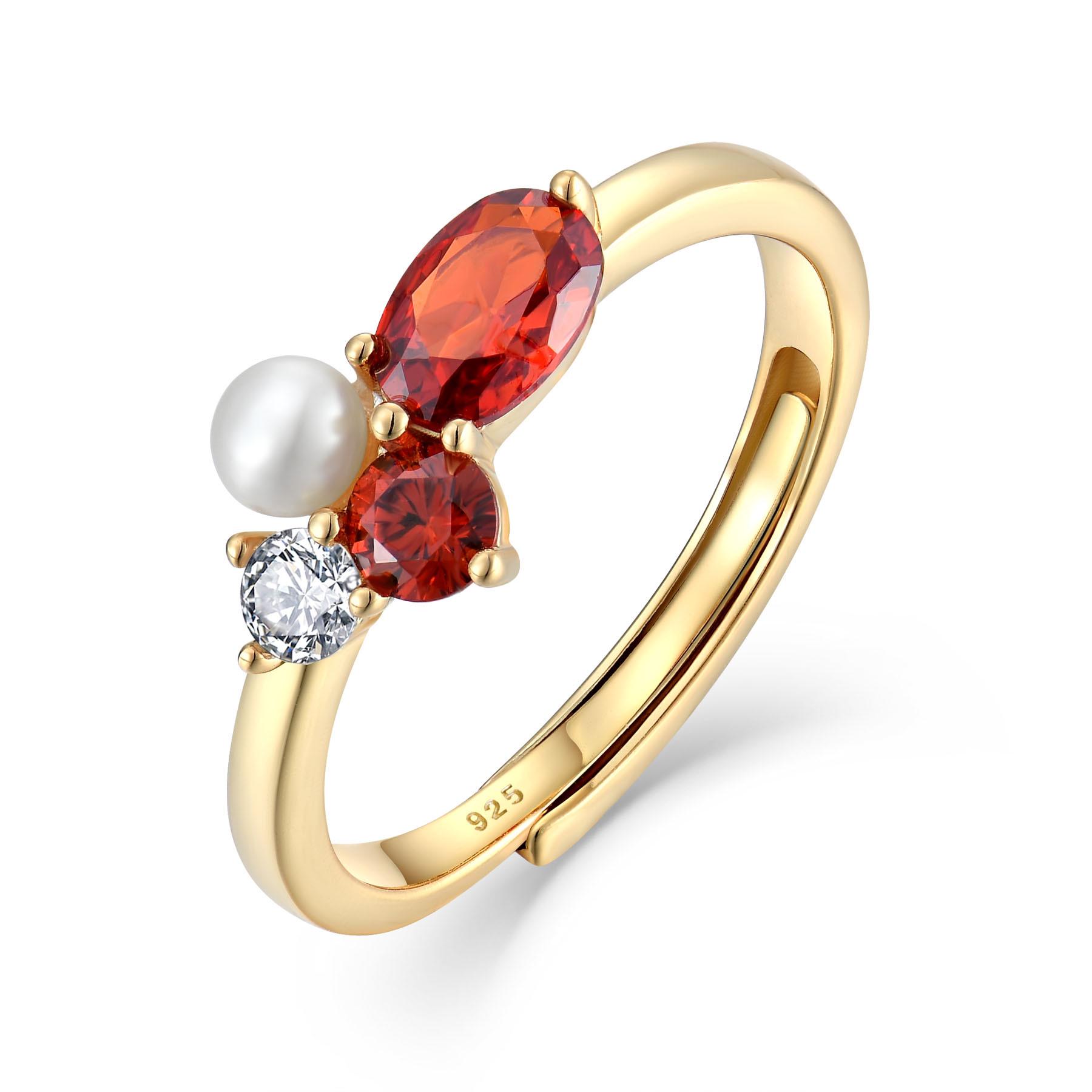 18K Gold-Plated S925 Sterling Silver Open Ring with 4mm Freshwater Pearl and Garnet Red Accents Hong Kong Size 13 Open Ring золотой