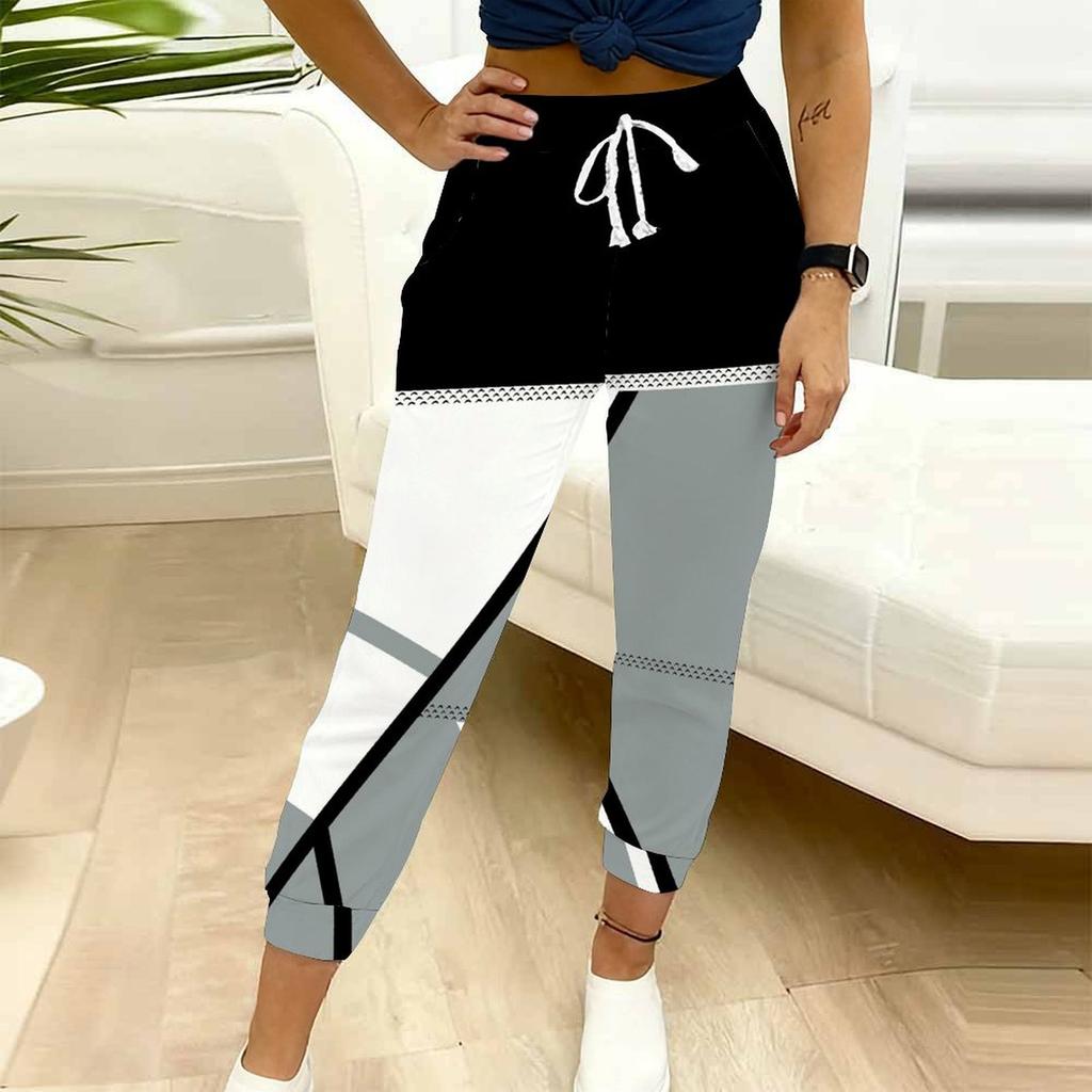 Summer Ladies Striper Printed Sweatpants Loose Fit Drawstring Joggers Elastic Cuff Daily Casual Pants