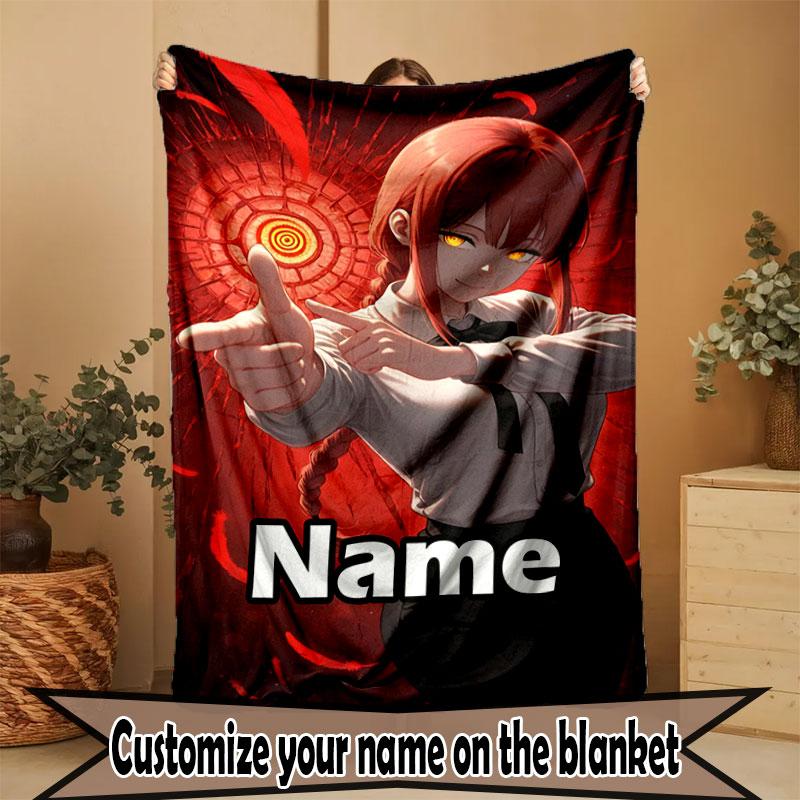 Custom Name Personalized Makima Chainsaw Man Print Blanket, Home Decor, Bedroom, Sofa, Camping, Couch, Gifts for Birthday Christmas