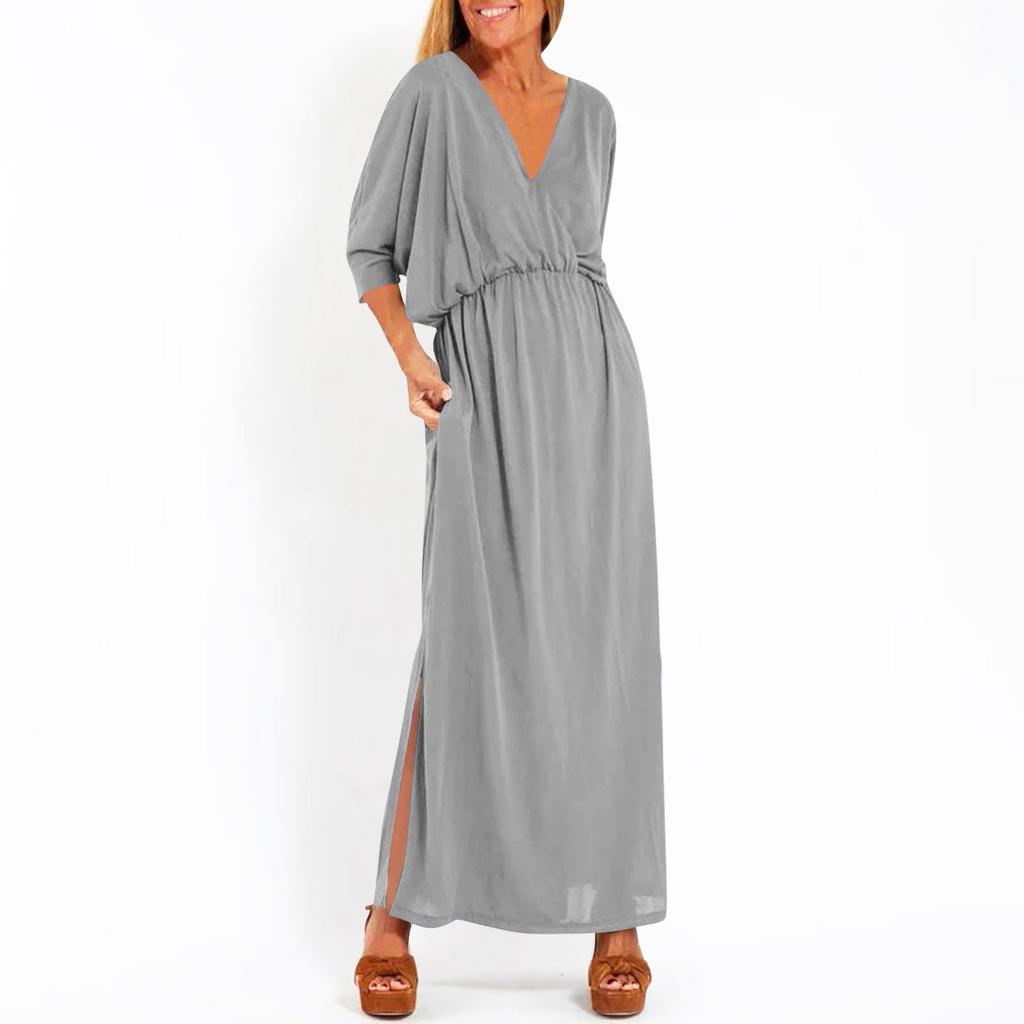 Women's Fashionable Color High Waist Split V-neck Dress