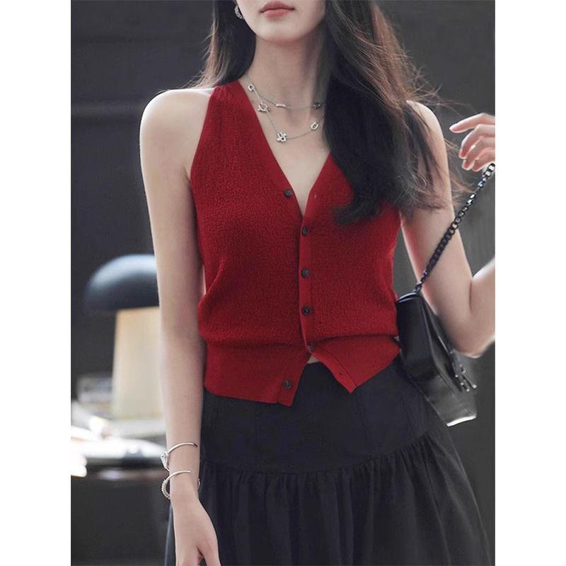 

Women s Black V-Neck Knitted Camisole, Summer Sleeveless Cardigan Top M 96-105 lbs червоний