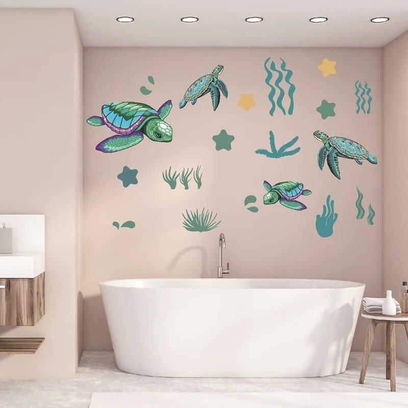 2Pcs Green Grass Sea Turtle Sticker PVC Removable Bathroom Sea Turtle Wall Sticker