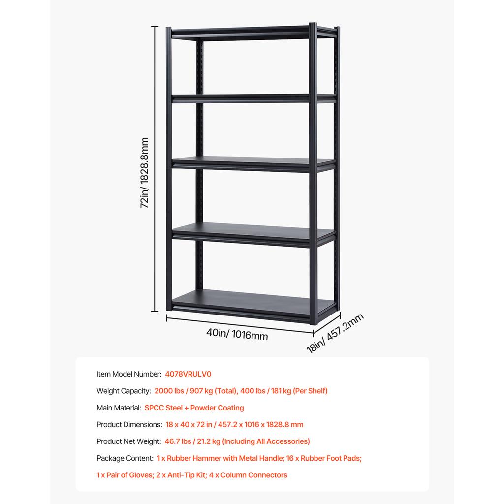 SucceBuy 5-Tier Garage Storage Shelves 2000 lbs Adjustable Metal Shelving Utility Rack Shelf for Kitchen Warehouse Basement
