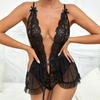 Adult Fashion Women's Jumpsuit With Bow Lace See Through Suspender Backless Open Back Beautiful Black Sexy Pajama Clothing