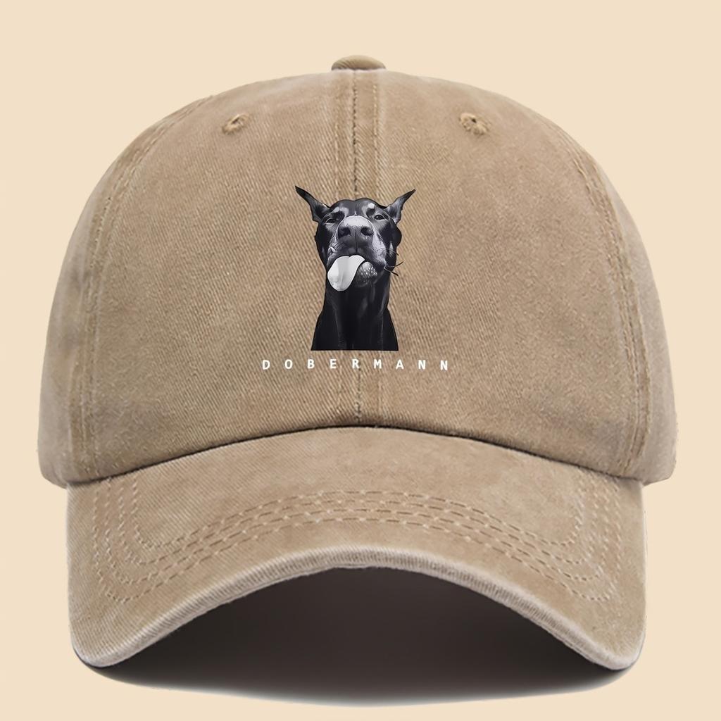 Doberman z wystawionym językiem Nadruk psa Vintage Czapka z daszkiem Zniszczony Poliester Casualowa Outdoorowa Czapka Taty Unisex