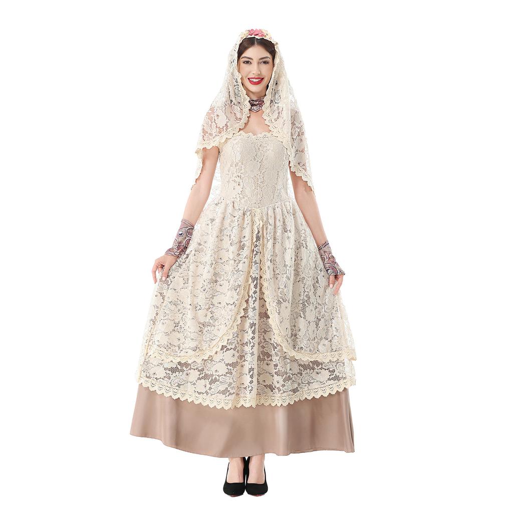 Halloween costume medieval court style lace nun ghost bride vintage dress carnival horror dress