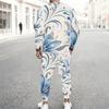 Men Plus Size White Printed Two Piece Set Round Neck Long Sleeve Top Cuffed Pants With Pockets