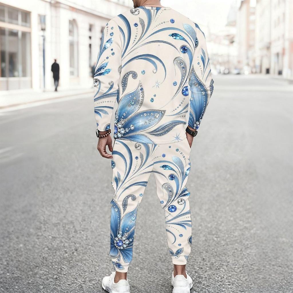 Men Plus Size White Printed Two Piece Set Round Neck Long Sleeve Top Cuffed Pants With Pockets