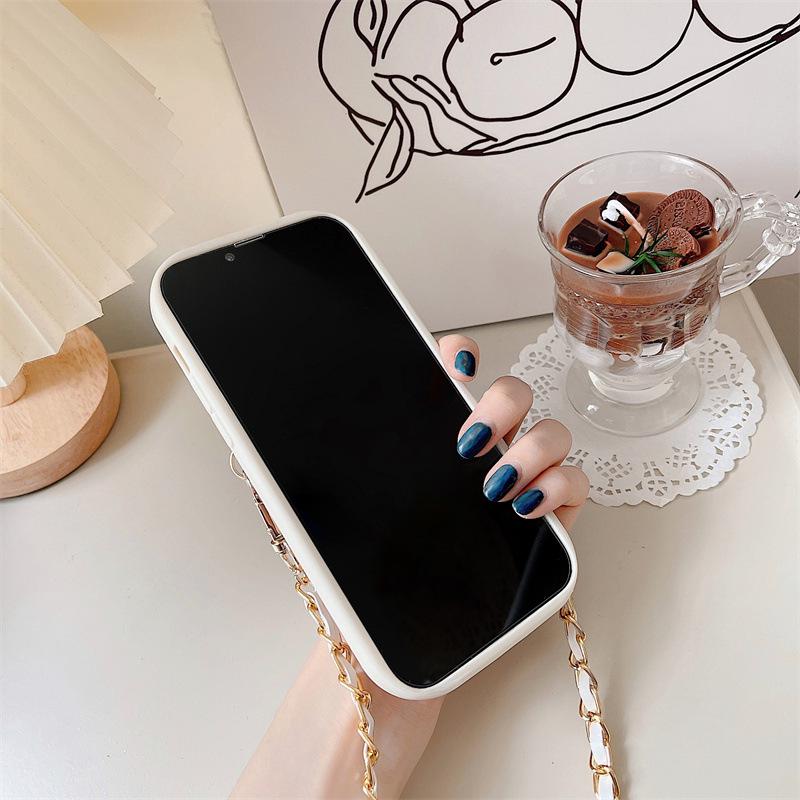Luxury silicone perfume holder case with oblique chain for Apple 14 Promax, 13, 12, 11 soft full package card holder.