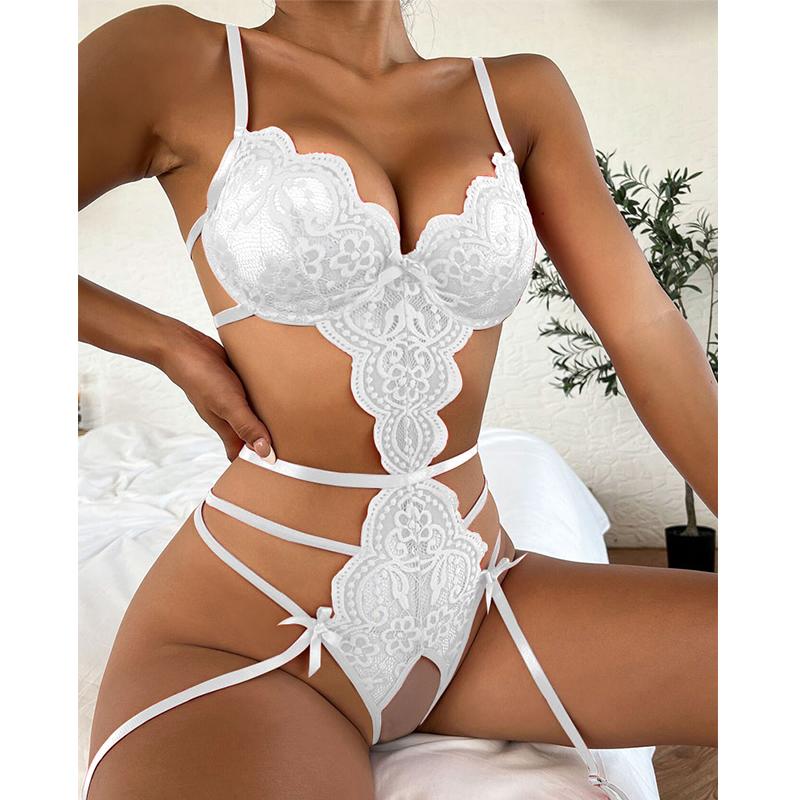 Erotic Lingerie For Women Sexy Costume Garter + Thong Set Lace Mesh Nightie Deep V Suspenders Baby Doll Dress Porn Underwear Set