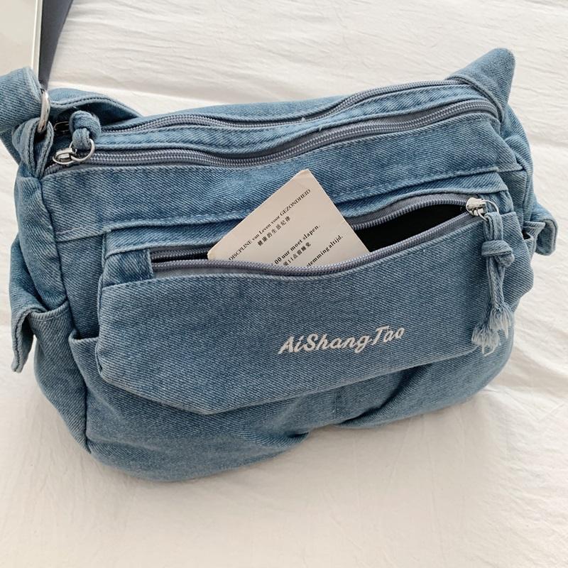 Women Denim Shoulder Bag Vintage Large Capacity Casual Tote Handbag with Multiple Pockets