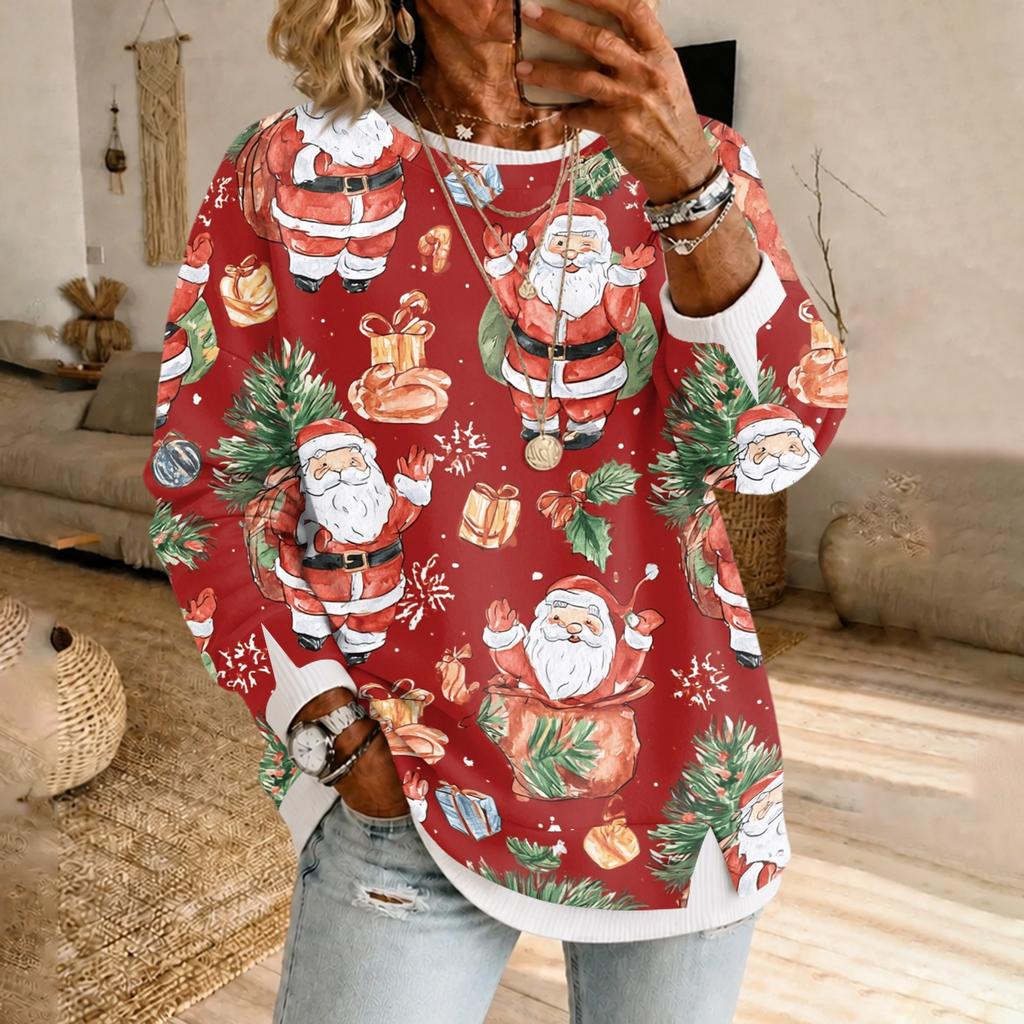 Women's Casual Christmas Print Long Sleeve Pullover with Round Neck