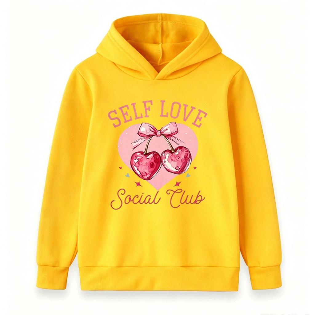 Kids Boys Girls Self Love Social Club Cherry Heart Print Pullover Hoodie Casual Long Sleeve Sweatshirt For Children