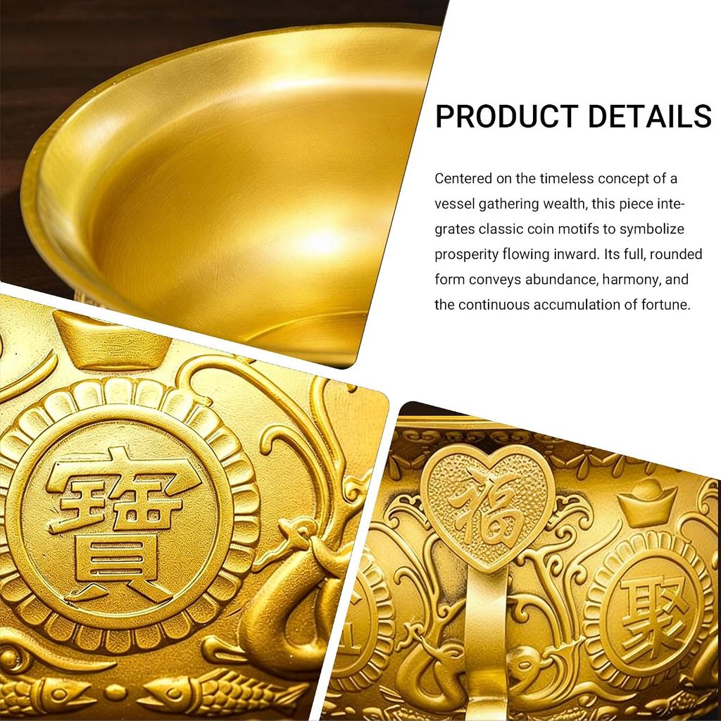 Aris & Juno Brass Treasure Bowl - Traditional Chinese Style, Perfect for Home or Office To Attract Wealth and Good Fortune (Length: 13 Cm)