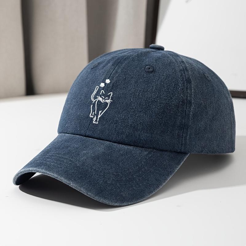 Cute cat printed baseball cap, retro washed denim curved hip hop hat, adjustable outdoor travel hat