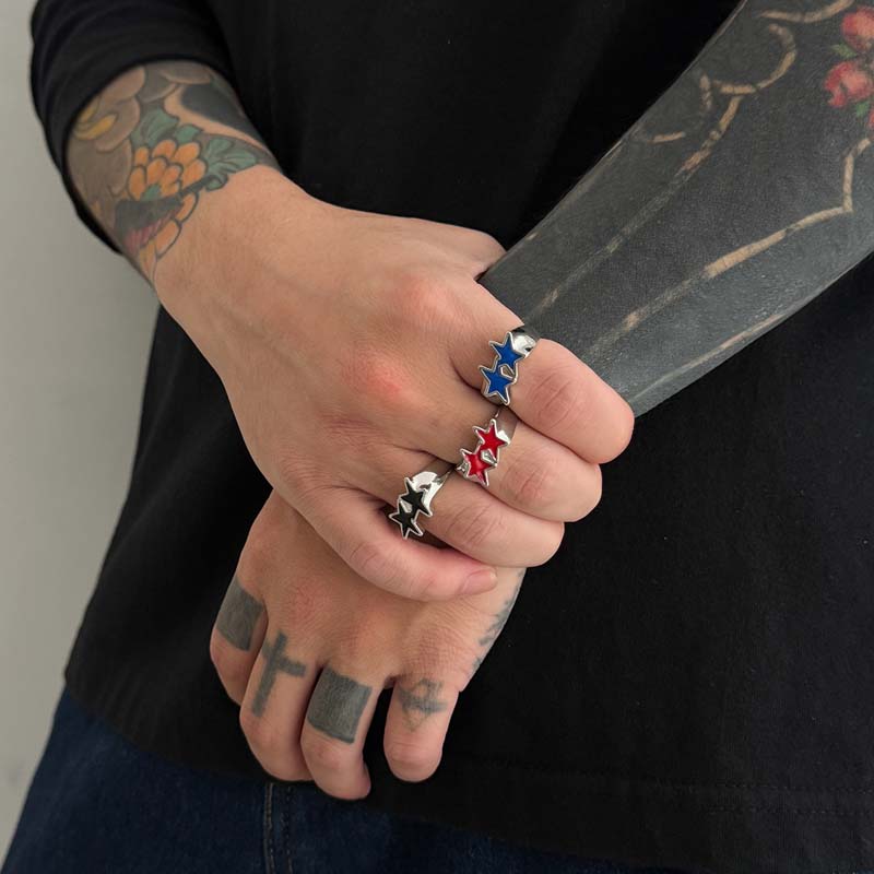 Vintage Black Drip Oil Pentagram Star Open Rings for Women Men Hip Hop Rock Metal Star Adjustable Couple Rings Zircon