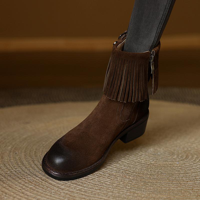 Fashion 2025 New Autumn Women Boots Round Toe Med Heel Cow Suede Leather Women Shoes Zipper Tassels mid-calf Boots Modern Boots