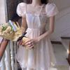 2026 Bow Bubble Sleeve Princess Dress French Super Immortal Mori Square Neck Temperament Waist Mesh Fairy Dress