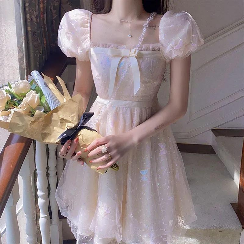 2026 Bow Bubble Sleeve Princess Dress French Super Immortal Mori Square Neck Temperament Waist Mesh Fairy Dress