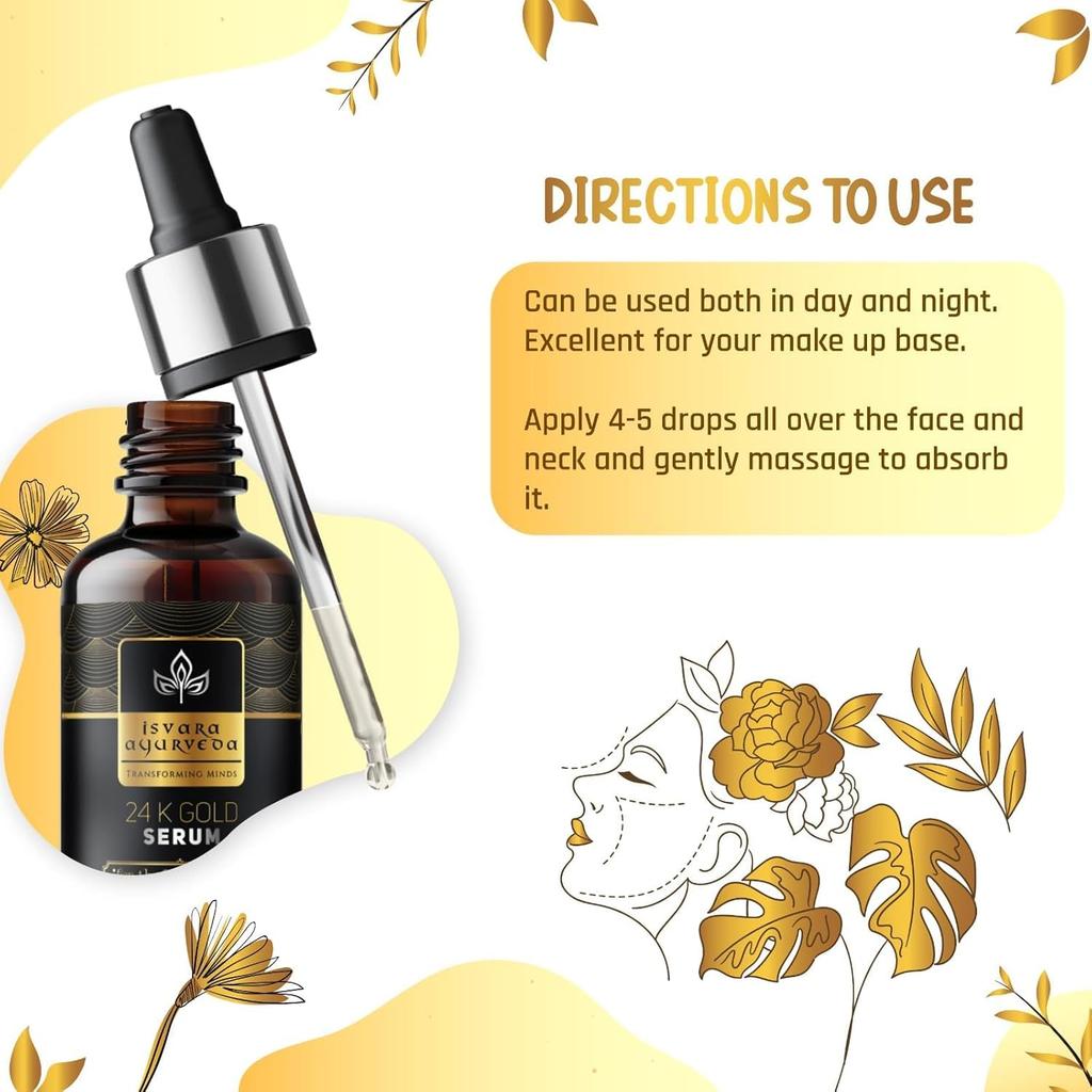 ISVARA AYURVEDA 24K Gold Serum - Instant Sparkling Glow for All Skin Types - 30ml