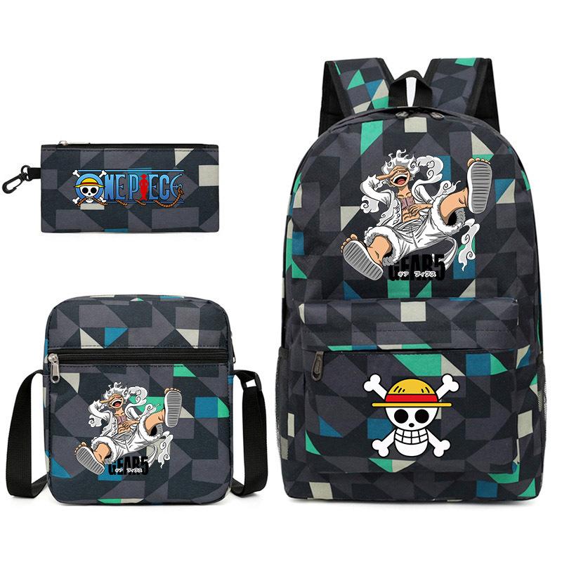 One Piece themed printed backpack + shoulder bag + pencil case three-piece student backpack set 0083