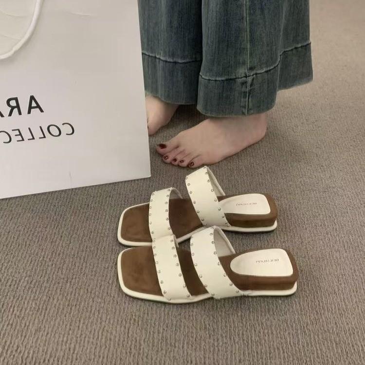 

Fashion 2025 New Summer Women Square Toe Clip Toe Flip Flop Fashion Rivet Dress Slide Shoes Ladies Concise Outdoor Low Heel Slippers 35 бежевый