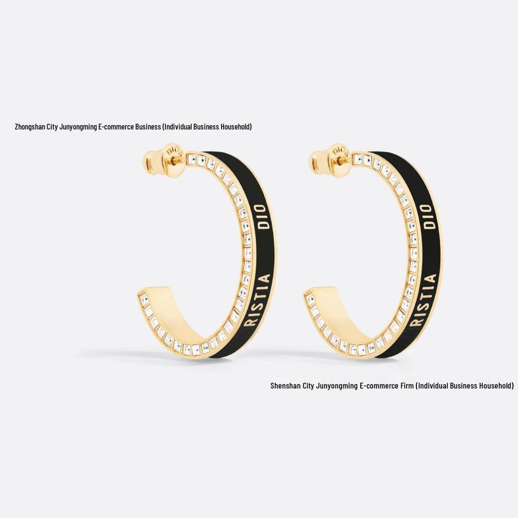 Black & White Enamel Letter-Inlaid Diamond Half-Hoop Earrings for Women